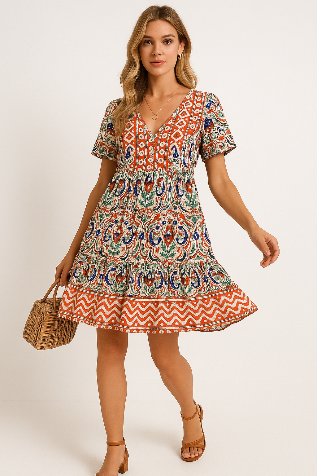 Robe courte à volants et col noué motif bohème pour femmes