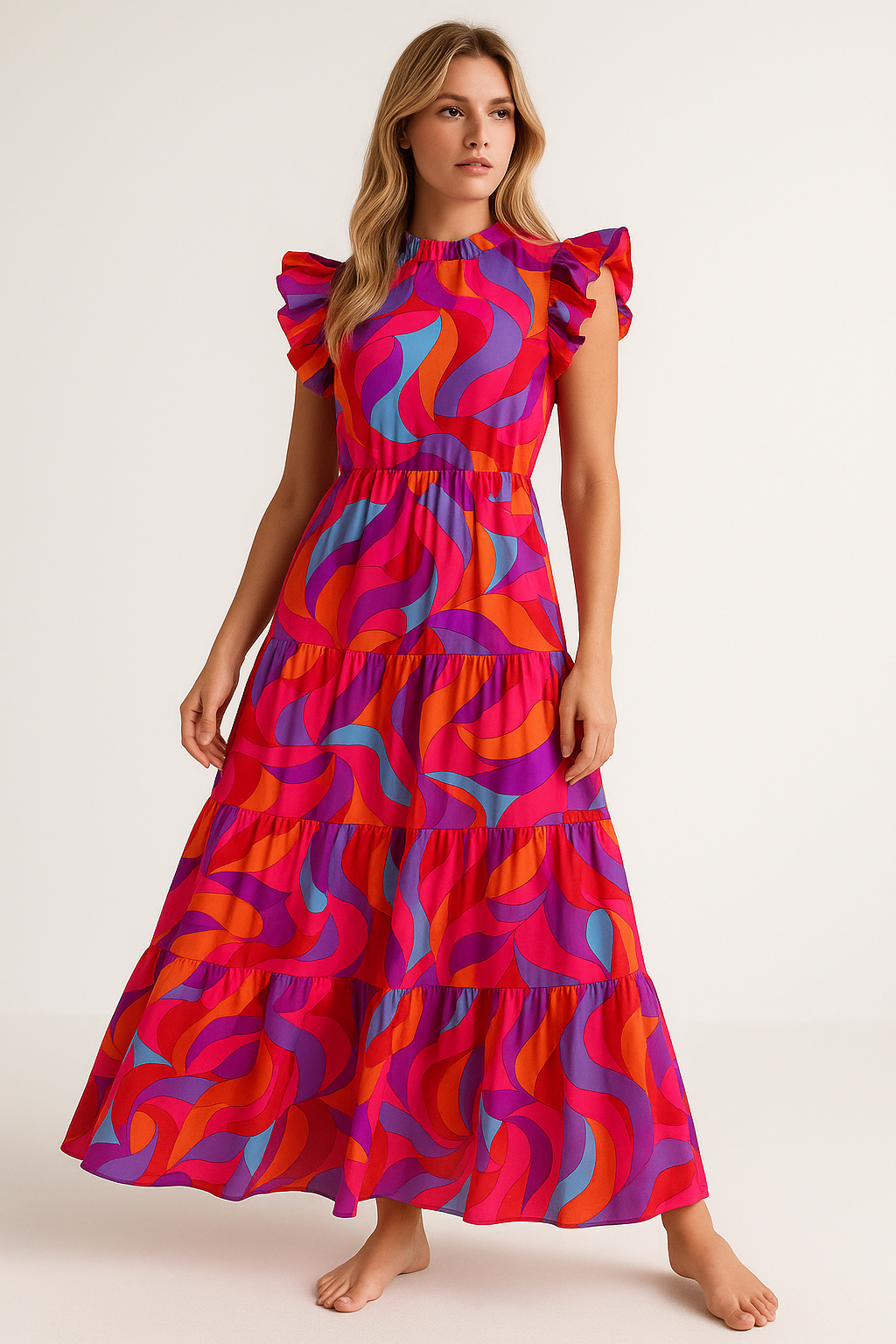 Robe longue volantée à taille haute imprimée pour femmes