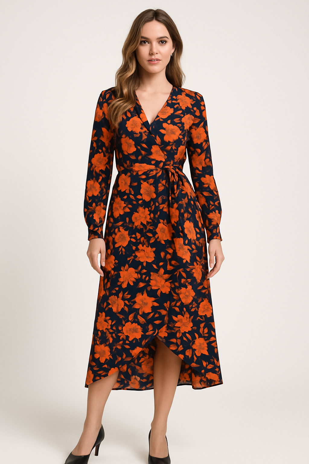Robe mi-longue portefeuille florale ceinturée pour femmes