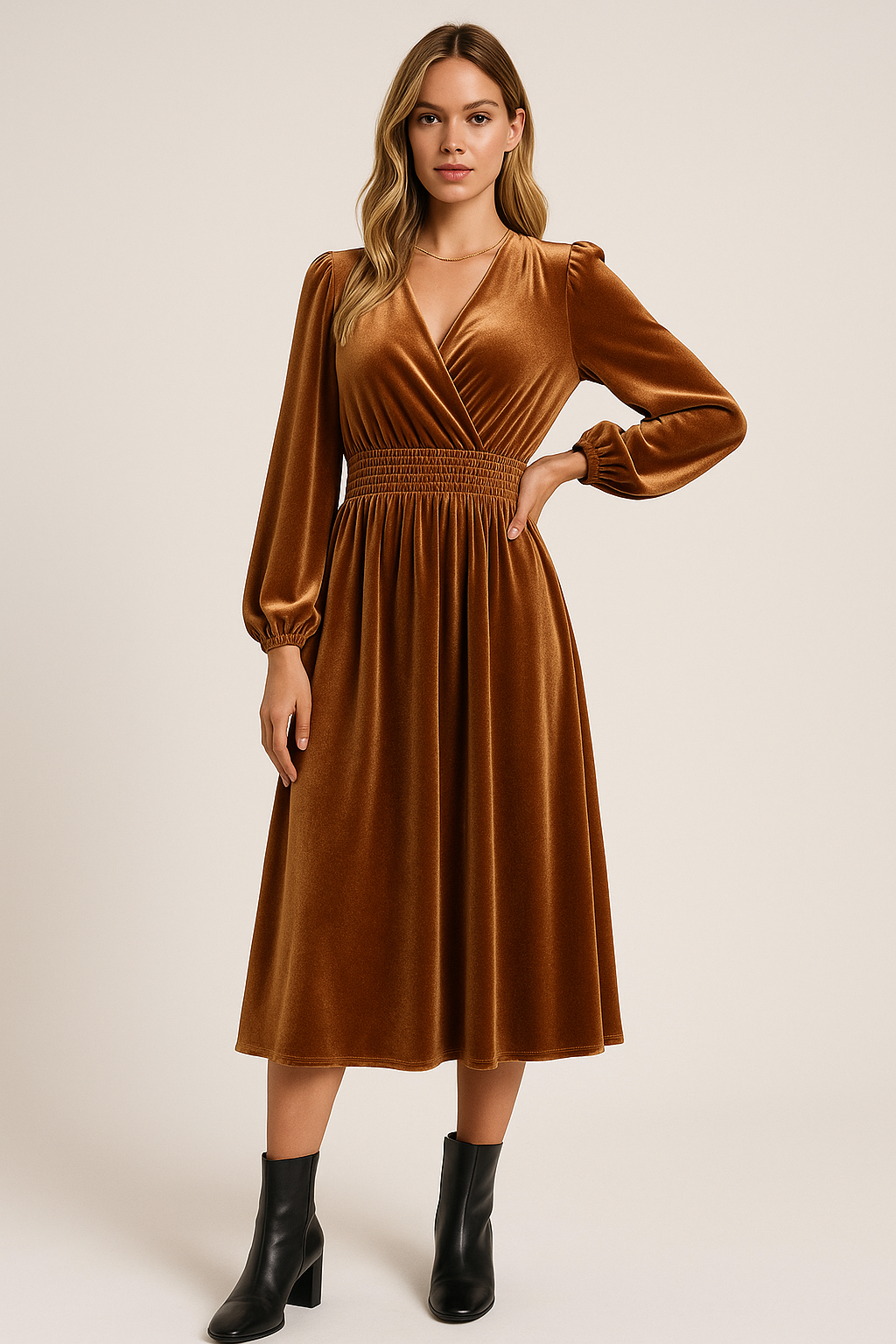 Robe mi-longue velours taille haute froncée pour femmes