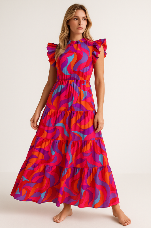 Robe longue volantée à taille haute imprimée pour femmes