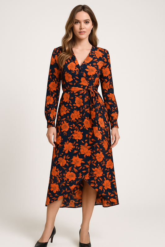 Robe mi-longue portefeuille florale ceinturée pour femmes